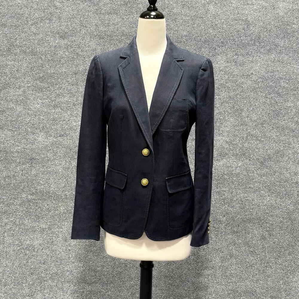 J.Crew Blazer Womens 8 Navy Linen Gold Button Notch Lapel Jacket Lined Workwear